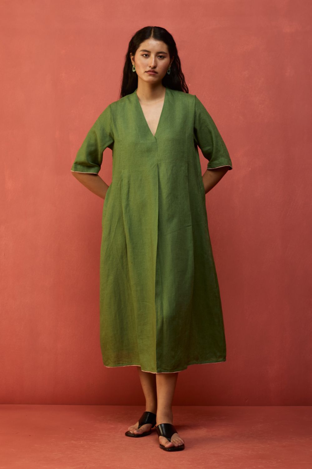 Maki Pleated Linen Dress - Fern Green