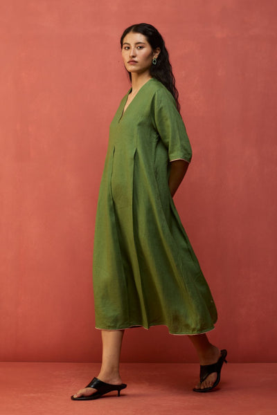 Maki Pleated Linen Dress - Fern Green