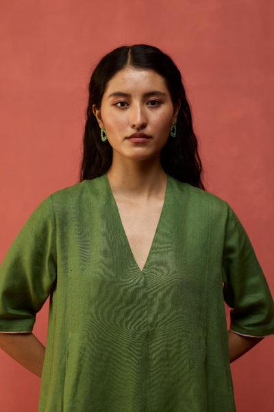 Maki Pleated Linen Dress - Fern Green
