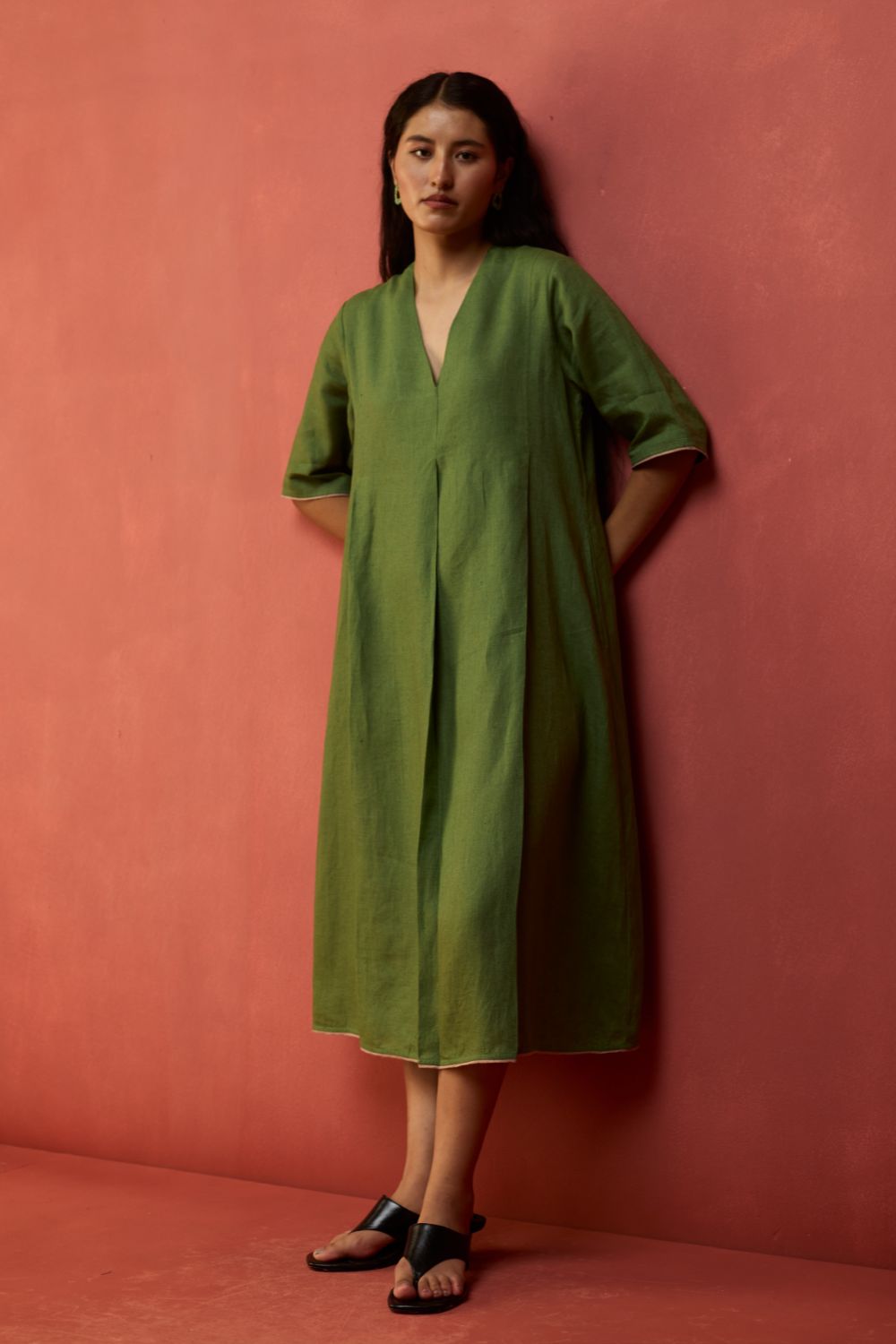 Maki Pleated Linen Dress - Fern Green
