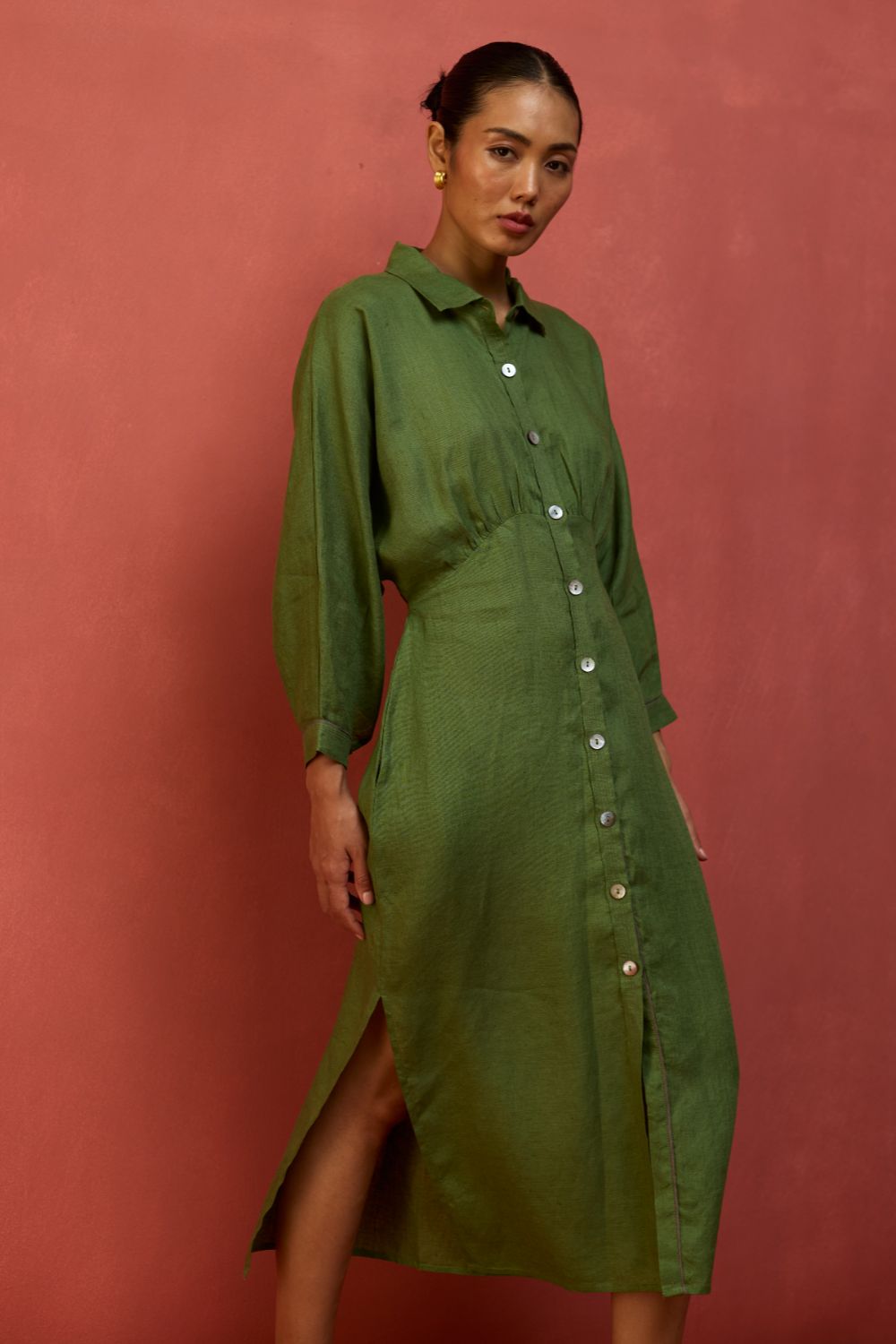 Masaru Buttoned Linen Dress - Fern Green