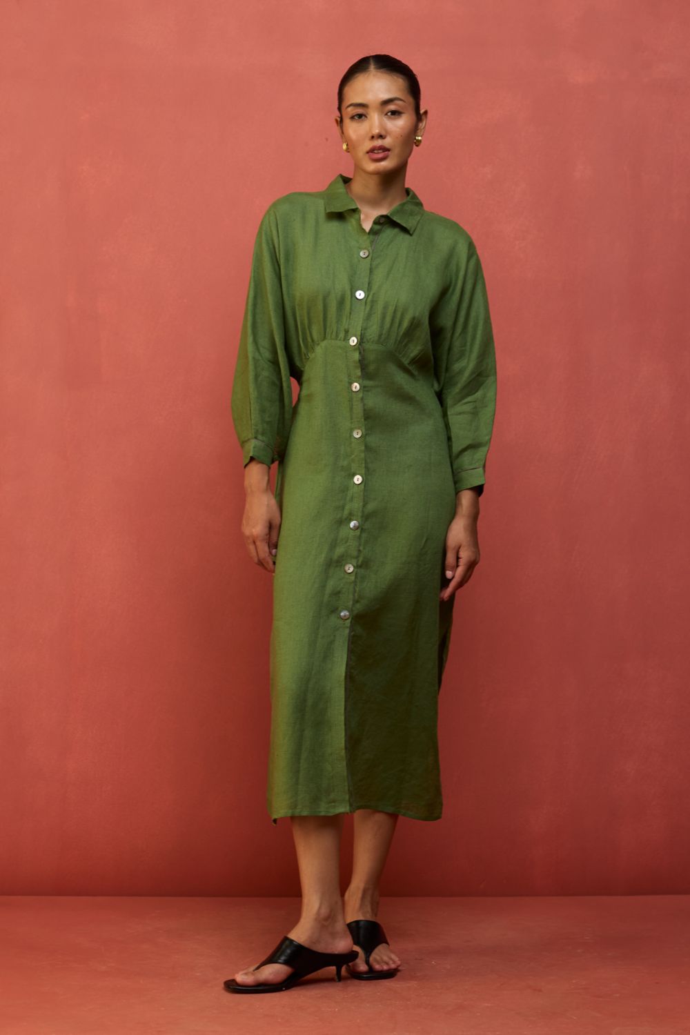 Masaru Buttoned Linen Dress - Fern Green