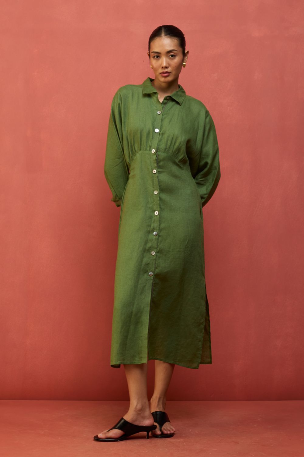 Masaru Buttoned Linen Dress - Fern Green
