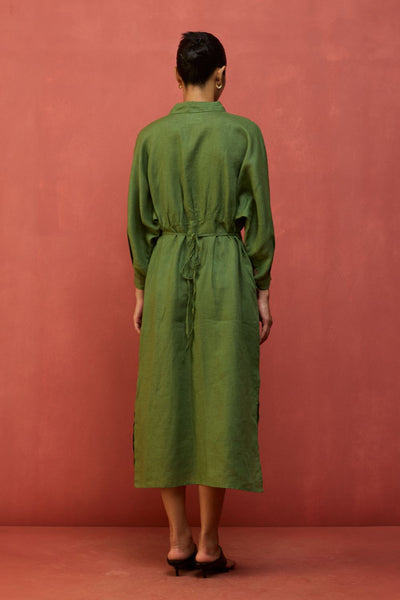 Masaru Buttoned Linen Dress - Fern Green