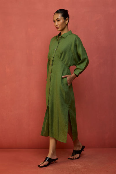 Masaru Buttoned Linen Dress - Fern Green