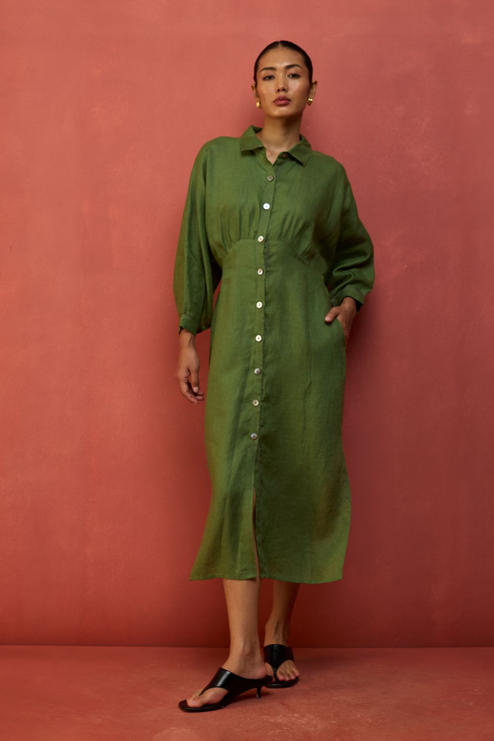 Masaru Buttoned Linen Dress - Fern Green