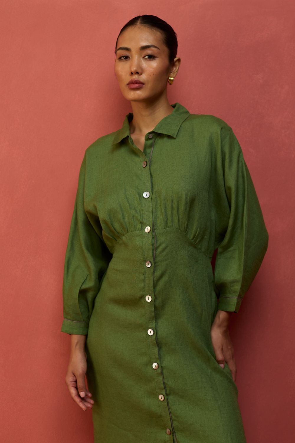 Masaru Buttoned Linen Dress - Fern Green