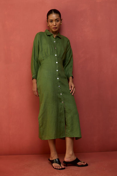 Masaru Buttoned Linen Dress - Fern Green