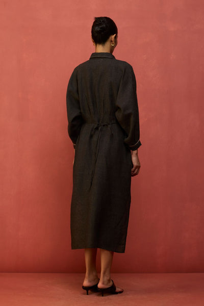 Masaru Buttoned Linen Dress - Charcoal