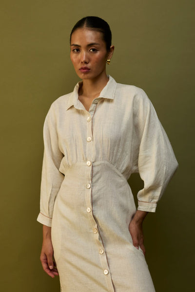 Masaru Buttoned Linen Dress - Off White