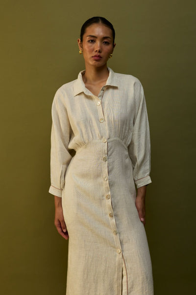 Masaru Buttoned Linen Dress - Off White
