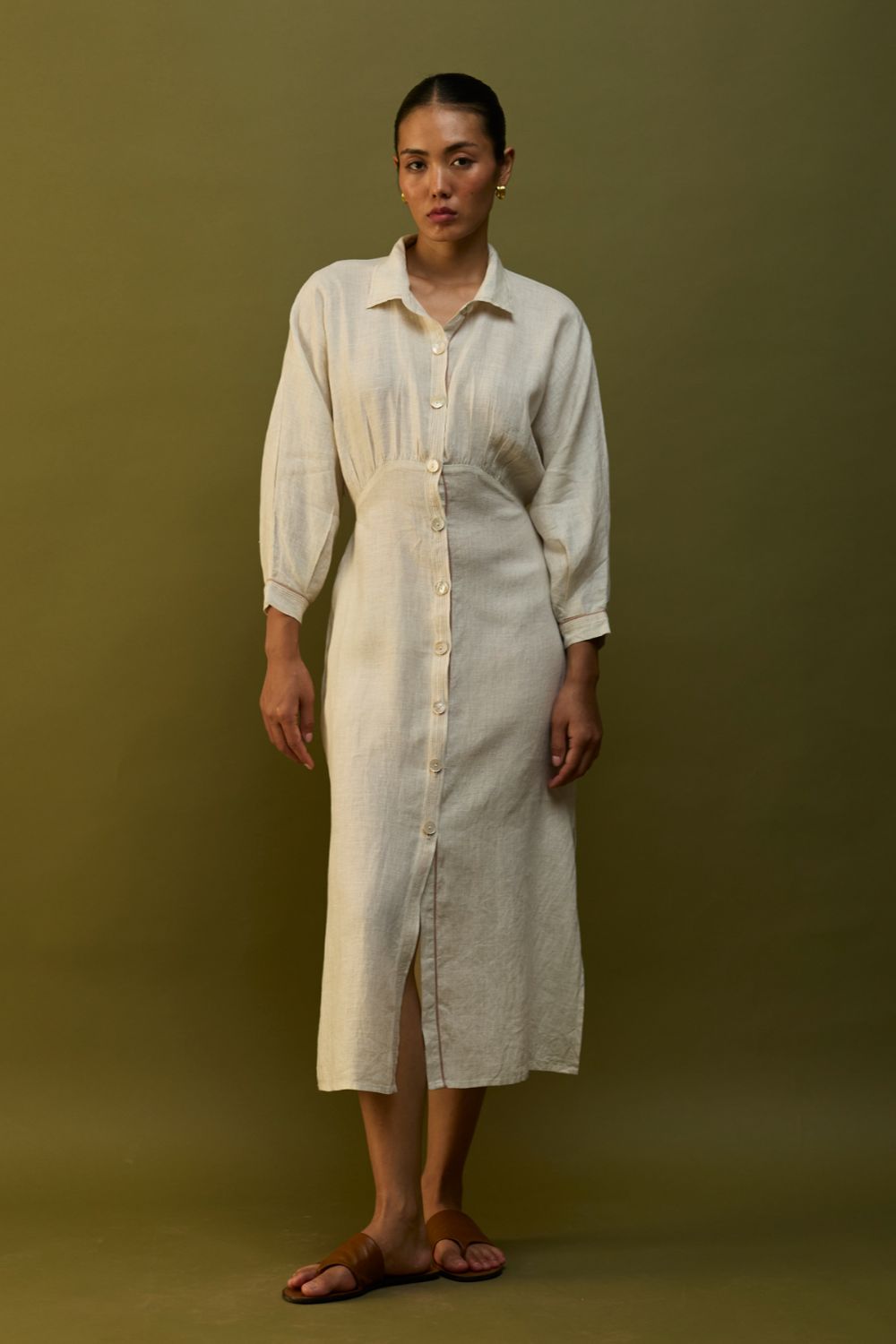 Masaru Buttoned Linen Dress - Off White