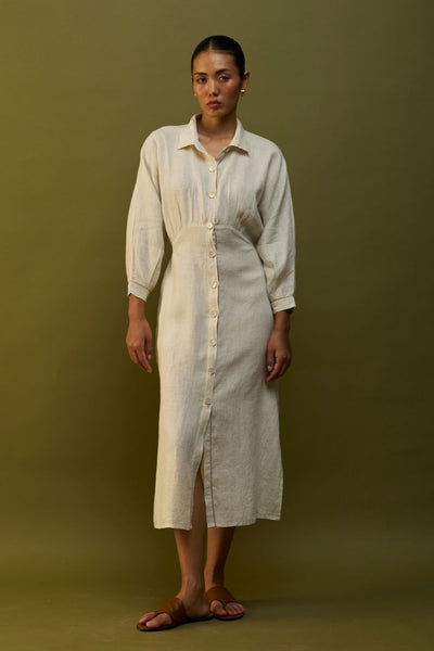 Masaru Buttoned Linen Dress - Off White