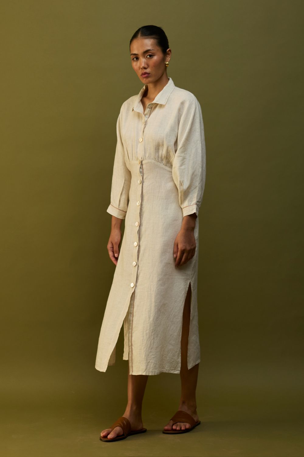 Masaru Buttoned Linen Dress - Off White