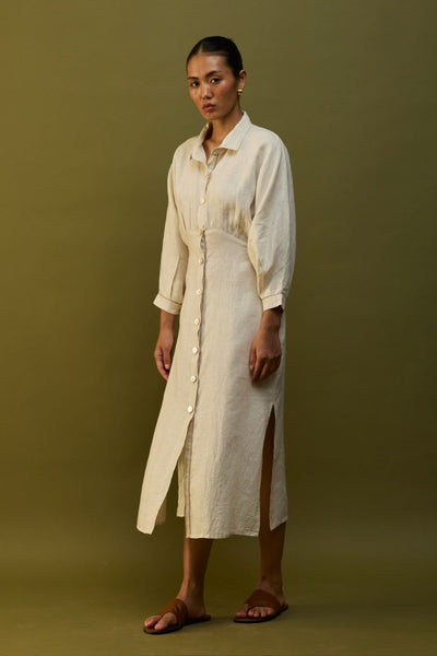 Masaru Buttoned Linen Dress - Off White