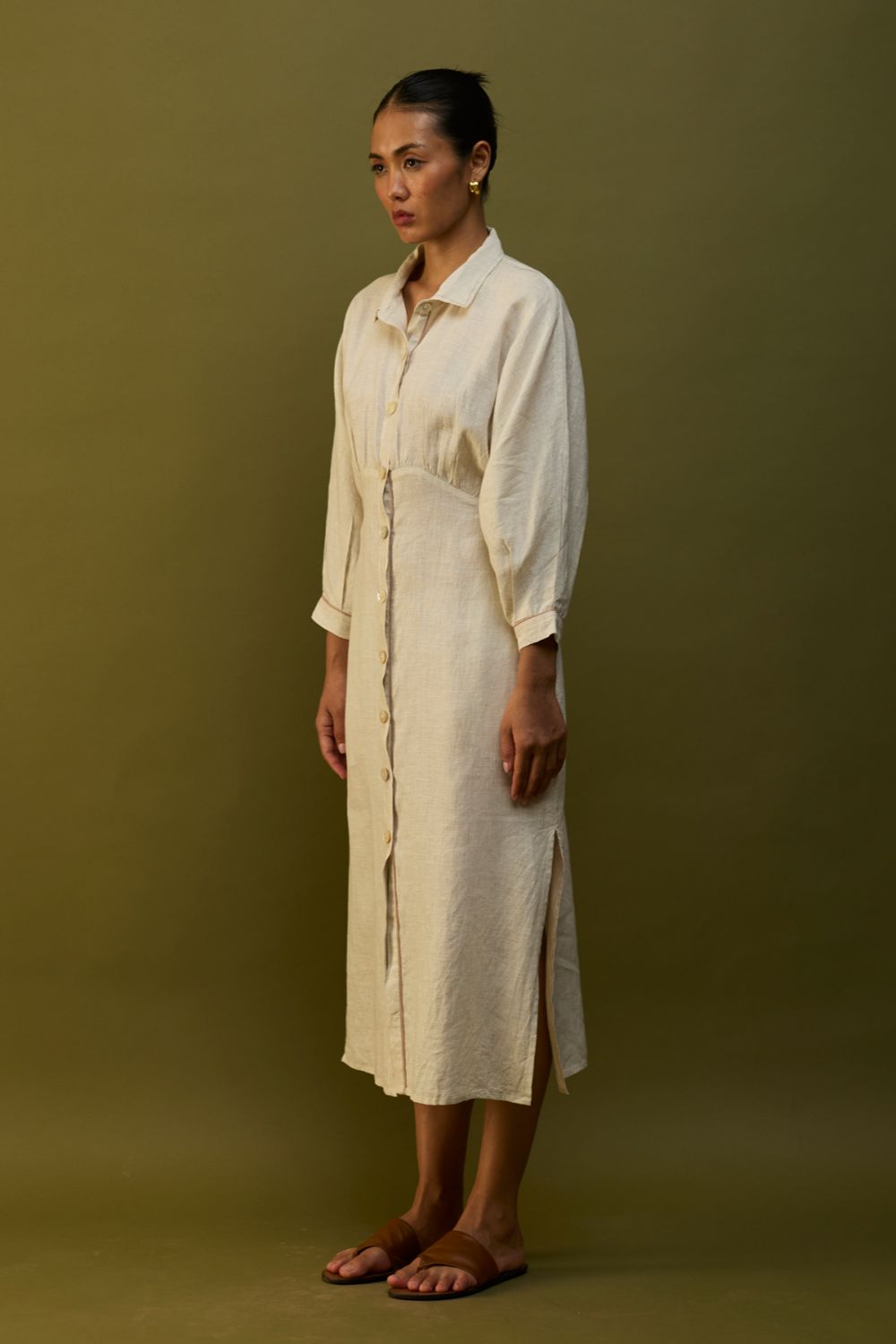 Masaru Buttoned Linen Dress - Off White