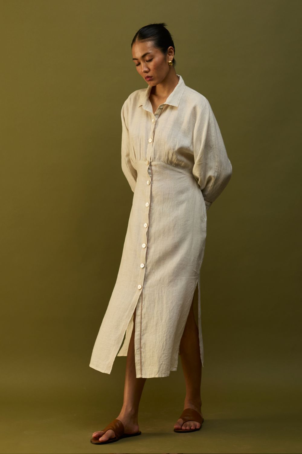 Masaru Buttoned Linen Dress - Off White