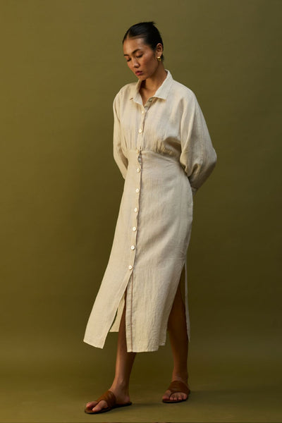 Masaru Buttoned Linen Dress - Off White