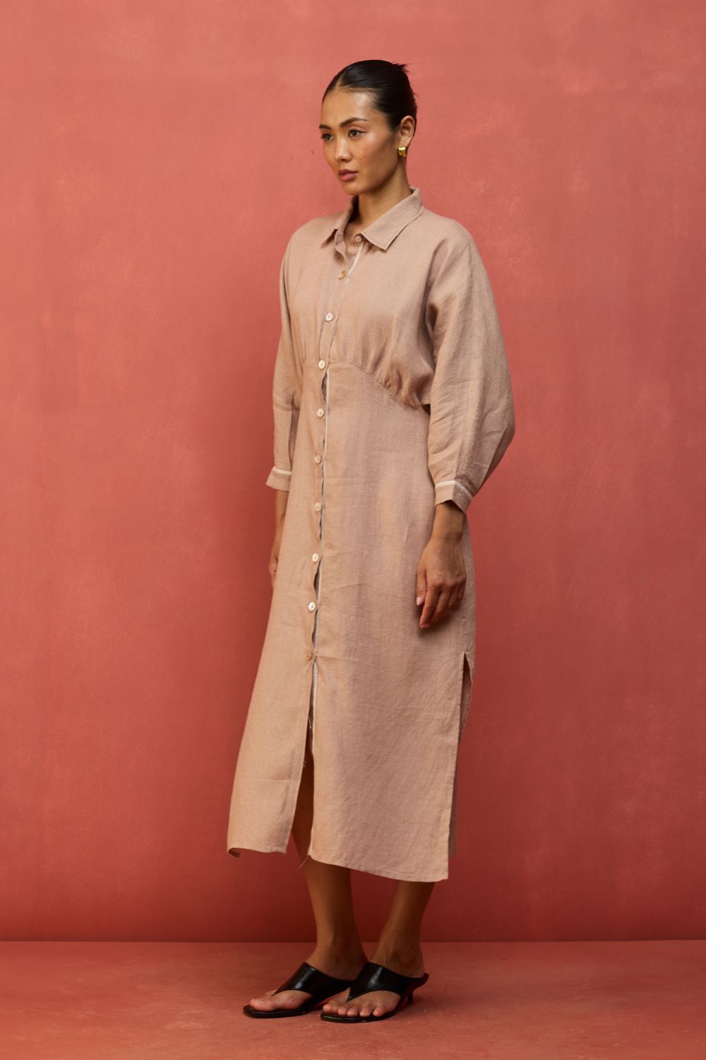 Masaru Buttoned Linen Dress - Dusty Rose