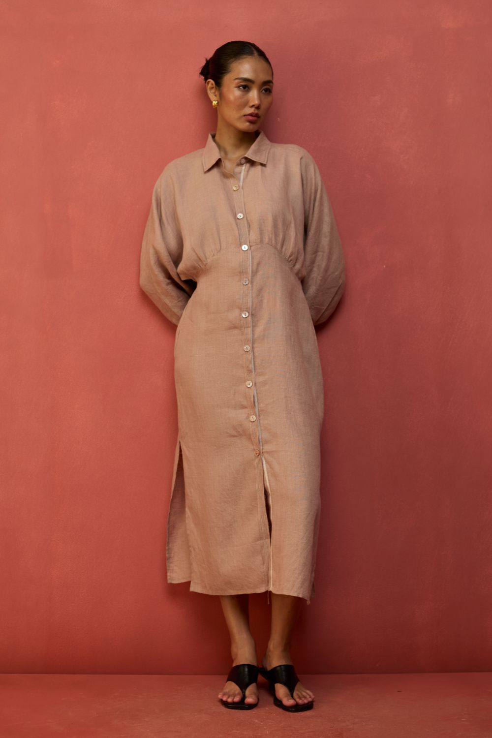 Masaru Buttoned Linen Dress - Dusty Rose