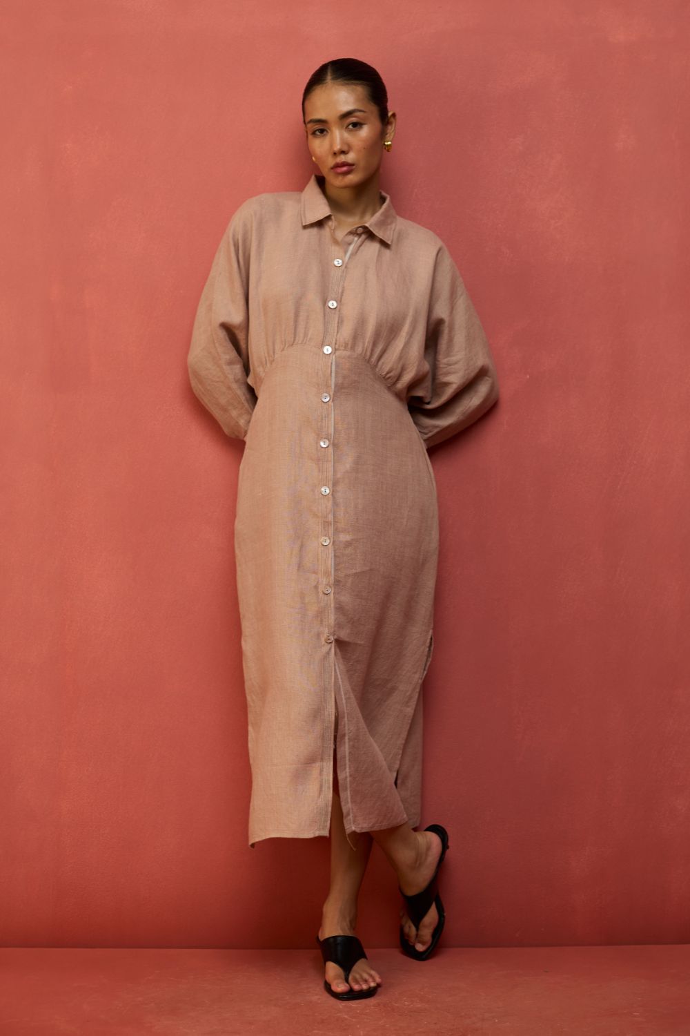 Masaru Buttoned Linen Dress - Dusty Rose