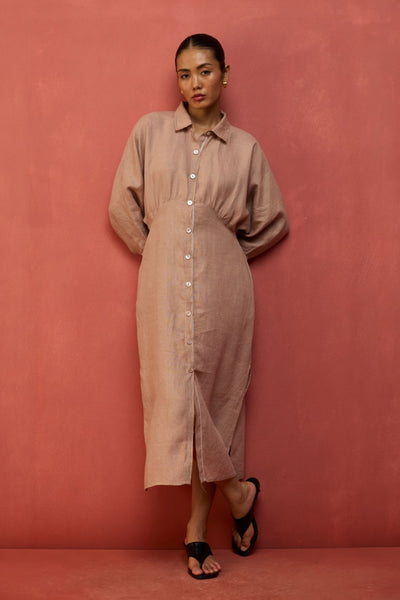 Masaru Buttoned Linen Dress - Dusty Rose