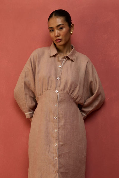 Masaru Buttoned Linen Dress - Dusty Rose