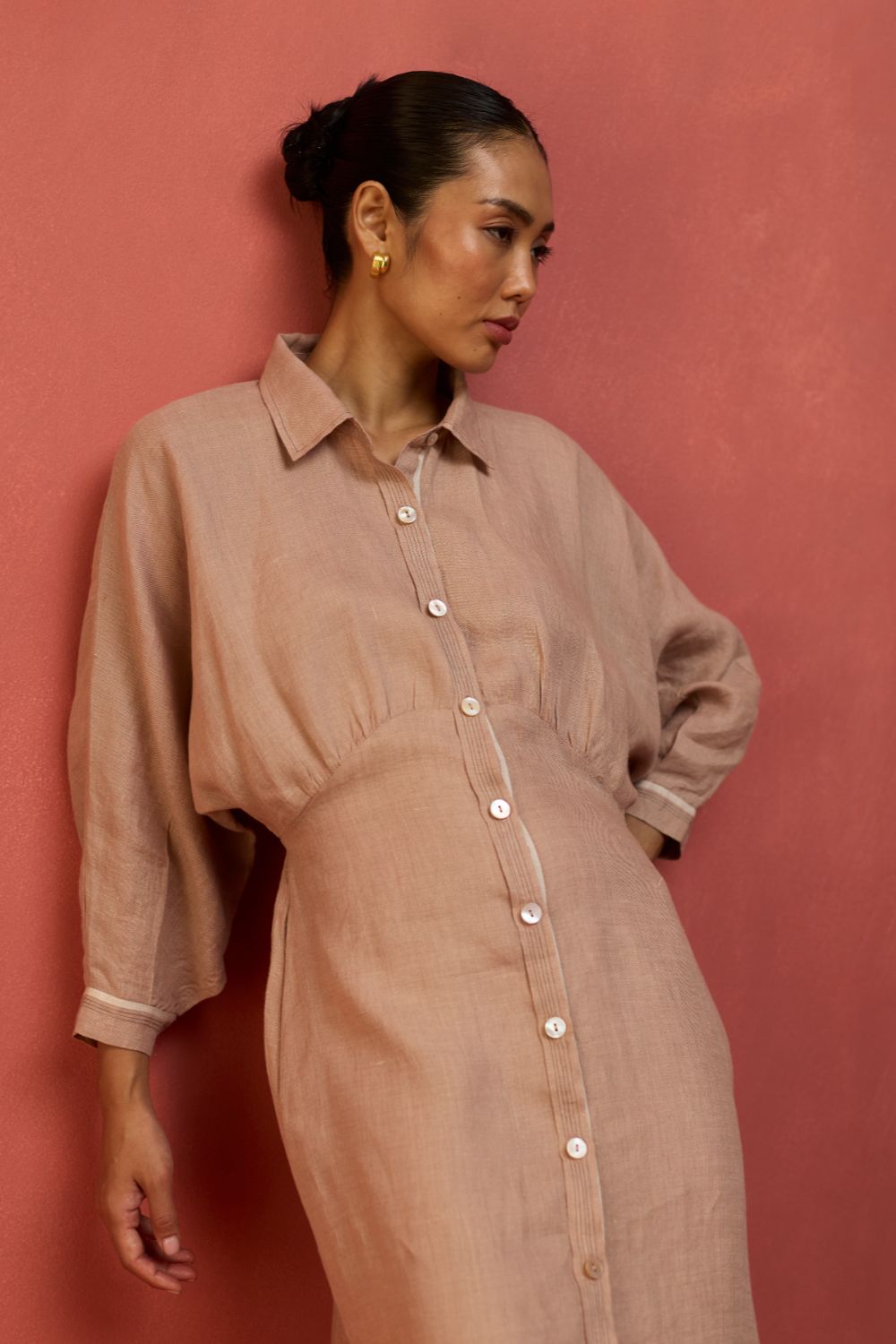 Masaru Buttoned Linen Dress - Dusty Rose