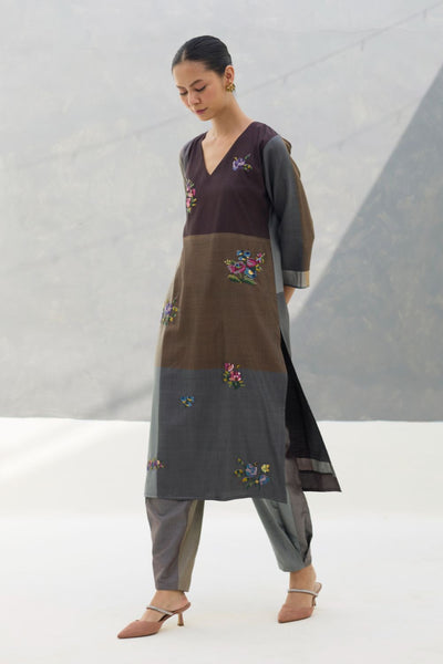 Nira Hand-Embroidered Eri Silk Kurta -  Taupe Grey