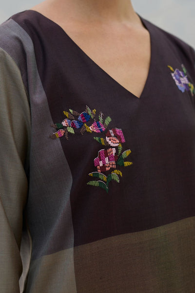 Nira Hand-Embroidered Eri Silk Kurta -  Taupe Grey