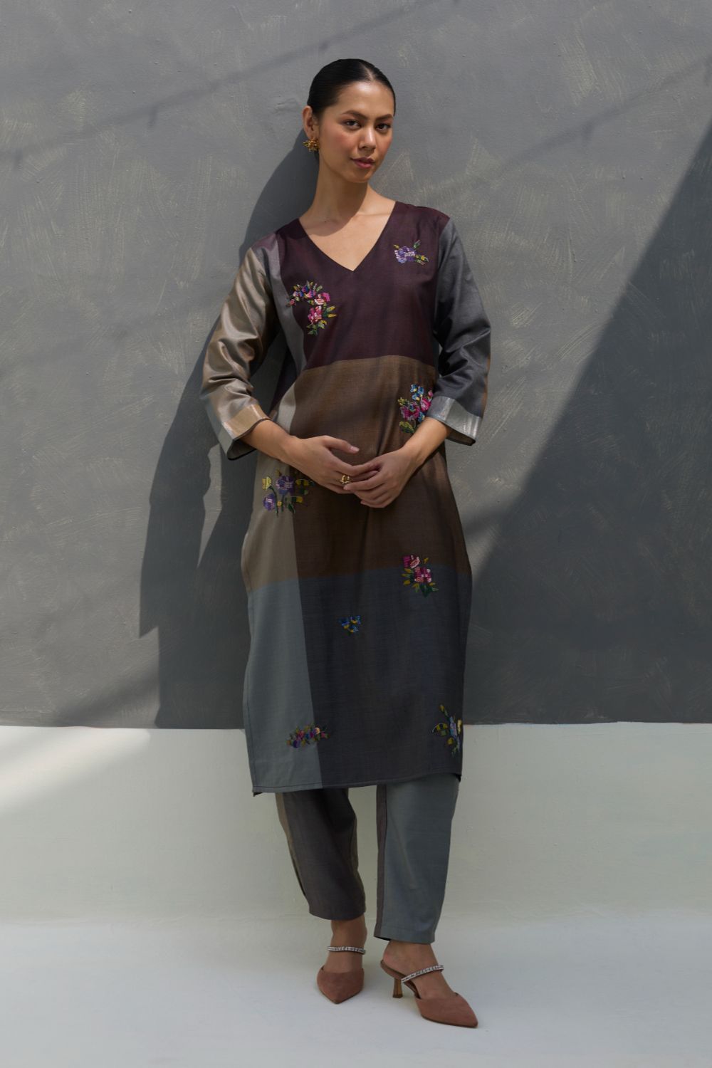 Nira Hand-Embroidered Eri Silk Kurta -  Taupe Grey