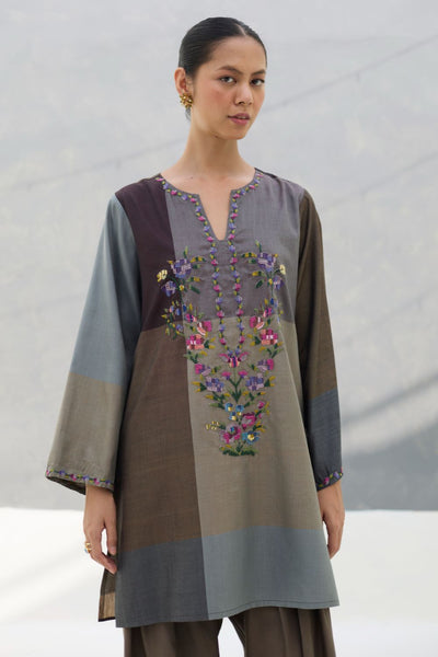Athiya Hand-Embroidered Short Kurta - Taupe Grey