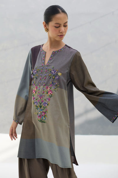 Athiya Hand-Embroidered Short Kurta - Taupe Grey