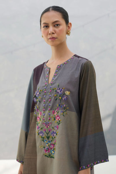 Athiya Hand-Embroidered Short Kurta - Taupe Grey
