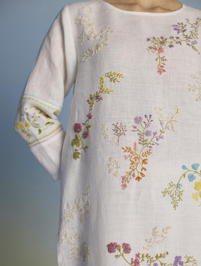 Emra Hand-Embroidered Linen Kurta Set - White