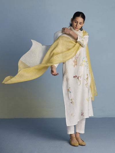 Emra Hand-Embroidered Linen Kurta Set - White