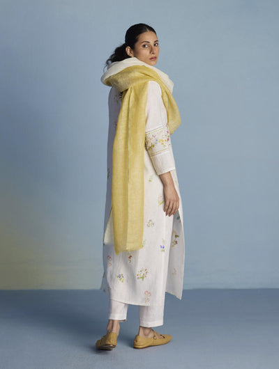 Emra Hand-Embroidered Linen Kurta Set - White