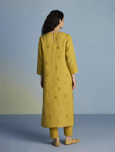 Emra Hand-Embroidered Linen Kurta Set - Ochre