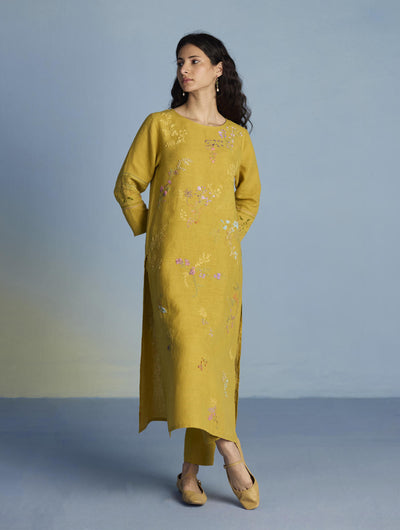 Emra Hand-Embroidered Linen Kurta Set - Ochre
