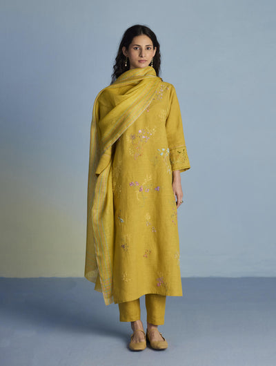 Emra Hand-Embroidered Linen Kurta Set - Ochre