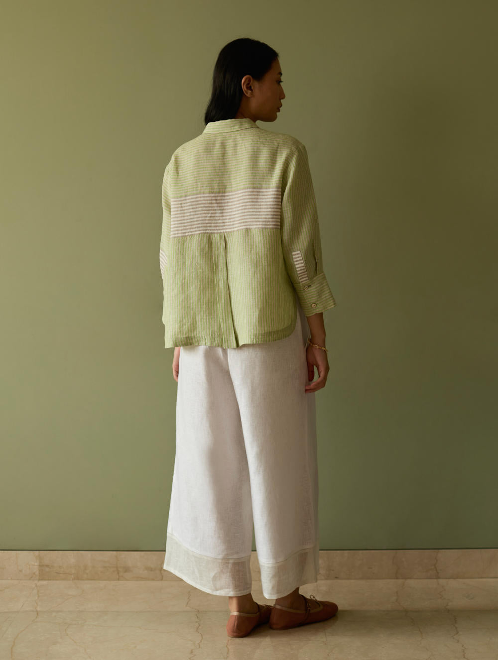 Tia Stripe Linen Cropped Shirt-Meadow