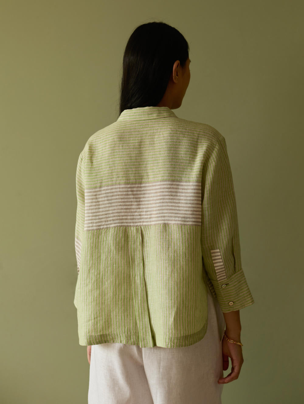 Tia Stripe Linen Cropped Shirt-Meadow