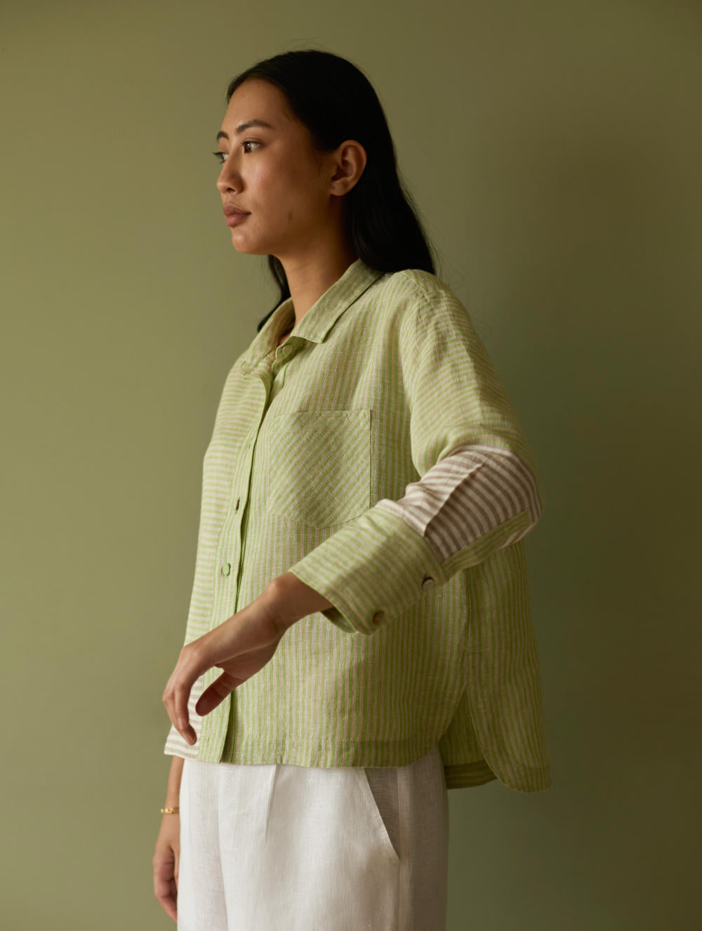 Tia Stripe Linen Cropped Shirt-Meadow