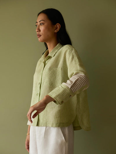 Tia Stripe Linen Cropped Shirt-Meadow