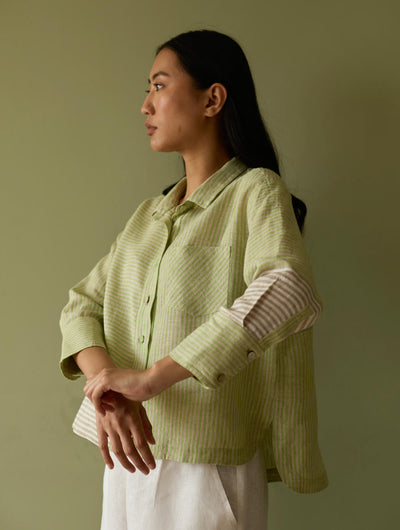 Tia Stripe Linen Cropped Shirt-Meadow