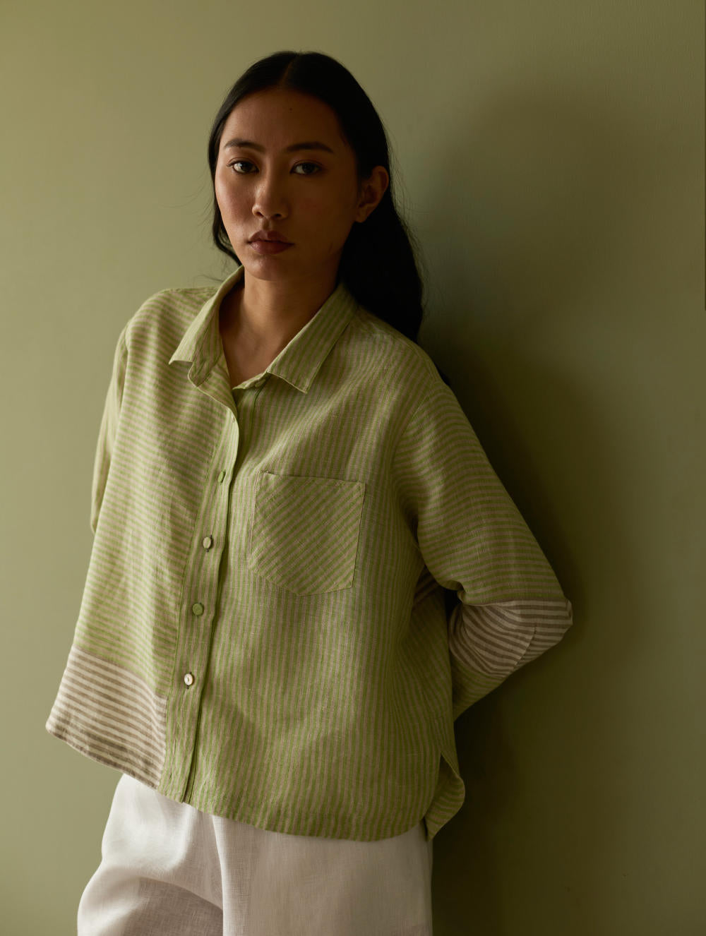 Tia Stripe Linen Cropped Shirt-Meadow
