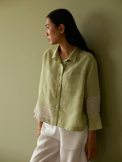 Tia Stripe Linen Cropped Shirt-Meadow