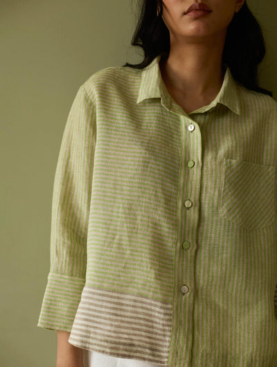 Tia Stripe Linen Cropped Shirt-Meadow