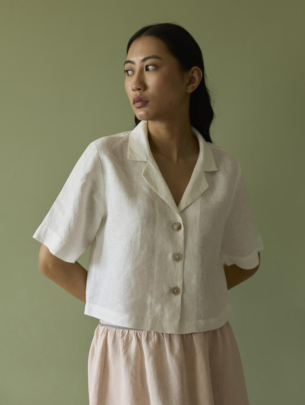 Kiera Cuban Collar Linen Shirt-Ivory