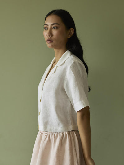 Kiera Cuban Collar Linen Shirt-Ivory